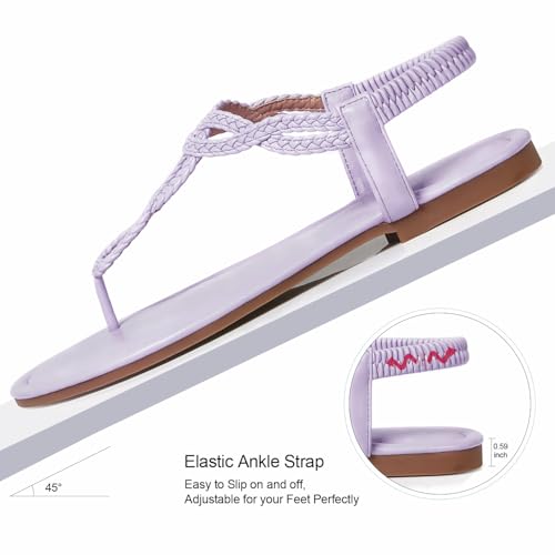 Image of iCKER Womens Braided T‑Strap Flat Sandals Elastic Stretch Ankle Strap | Boho cute casual lightweight and comfort matches dresses for beach vacation