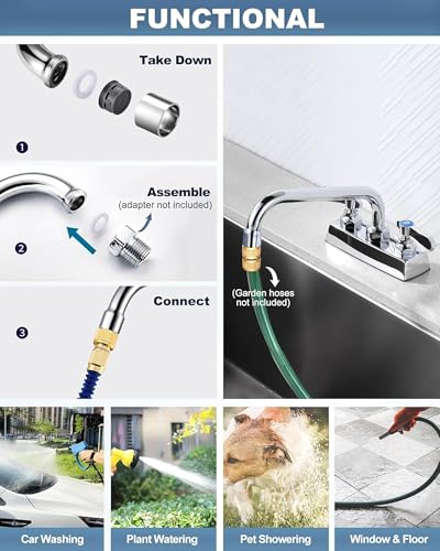 Image of Utility Laundry Sink Faucet,Laundry Room Faucets for Utility Sink 4 inch Center,8 inch Swivel Spout Laundry Tub Faucet with Hose Thread,Brass Construction Chrome Polished, for Bar Garden,Garage,RV