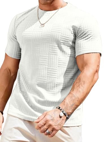 JMIERR Men's Casual Textured Crew Neck T-Shirts Lightweigt Gym Sport Tees for Men, US46(XL), White
