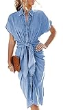 CHARTOU Women's Denim Shirt Dresses Short Sleeve Front Tie-Knot Summer Elegant Blouse Dress (Large, Blue)