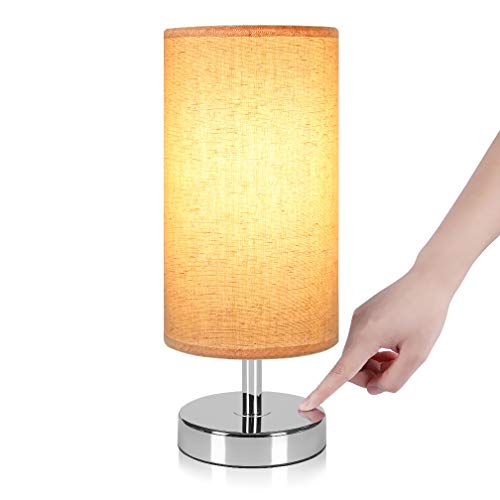 Touch Control Nightstand Lamp, Ambimall Bedside Table & Modern Accent Desk Lamp with Cylinder Shaped Natural Fabric Shade, Minimalist Table Lamps Perfect for Bedroom/Living Room(No Bulb Included)