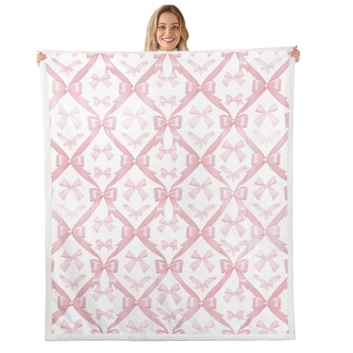 Pink Bowknots Fleece Blanket,Kawaii Bow-tie Patchwork Dreamy Bed Blanket for Kids Teens,Princess Fairy Tale Theme Girlish Grids Flannel Blanket for Room Decor,Queen 90