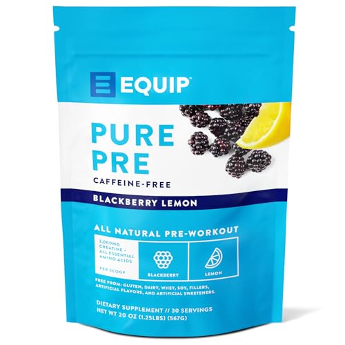Image of Equip Foods Pure Pre All Natural Pre-Workout Powder | Caffeine Free, EAA, Vitamin C, B6, B12, L-carnitine, Agnine | Naturally Boosts Workouts | 30 Servings, BlackBerry Lemon Decaffeinated