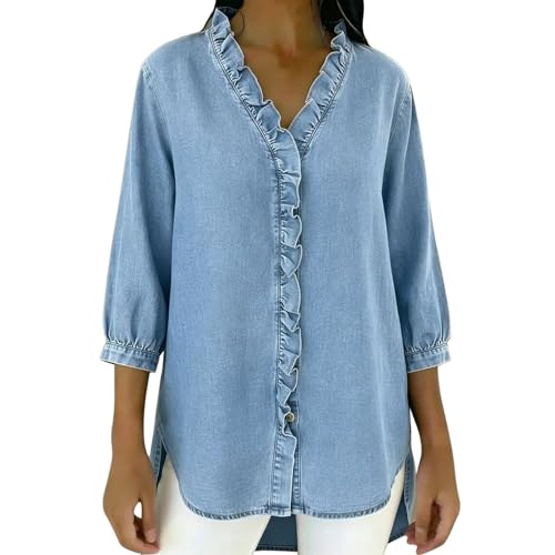 Chemise Décontractée en Jean À Col en V pour Femme - Chemises en Denim Manches 3/4 Boutonné Chemisiers Et Blouses Chic Et Élégant Volants Top Tunique Ample T-Shirts Oversize Respirant