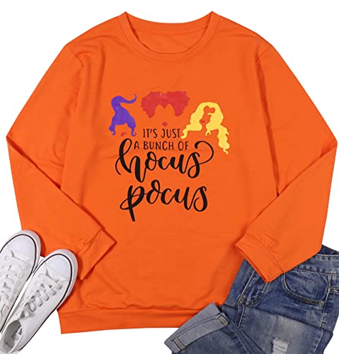 Vilove Halloween Plus Size Sweatshirt Women It's Just A Bunch Of Hocus Pocus Sweatshirt Sanderson Sisters Sweatshirt Orange #TOP3