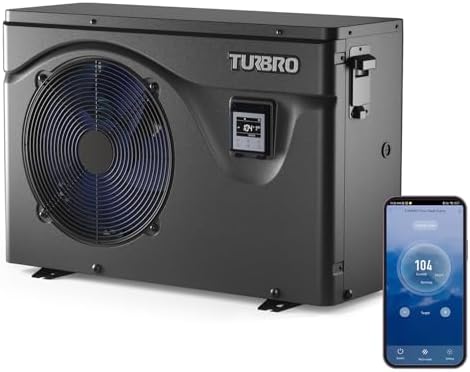 TURBRO 50,000 BTU Inverter Swimming Pool Heat Pump, Electric Pool Heater for in and Above-Ground Pools up to 16,000 Gallons, WiFi Enabled, Timer, 15.90 COP, 220-240 V, IPX4-Waterproof, Beluga Series