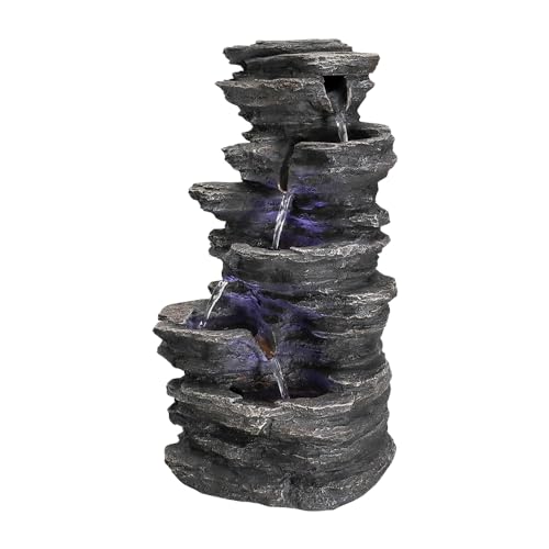 PeterIvan Large Rockery Tabletop Fountain - 15.7"H Resin Crafted Stacked Rockery Waterfall Fountain with LED Lights&Cascading Water Stream for Indoor Outdoor, 5-Tiered Relaxation Indoor Water Feature
