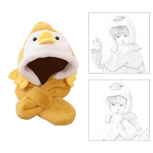 Cartoon Themed Hooded Scarf for Kids with Plush Animals Winter Warm 2-in-1 Hat Scarf Set Head Neck Protection- Yellow4