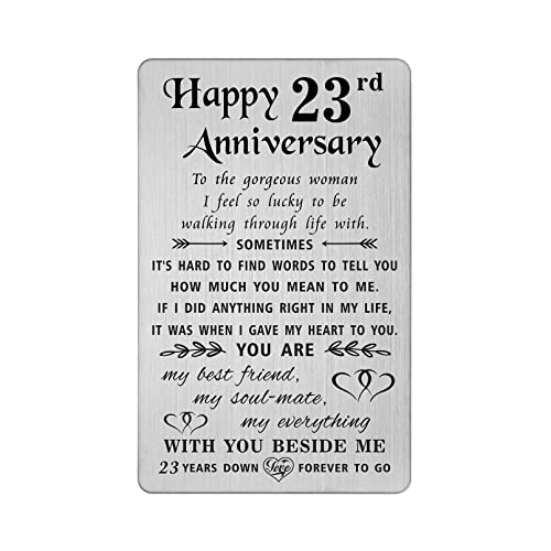 TANWIH 23rd Anniversary Card for Her Wife, 23 Year Anniversary Card Gifts for Her Women, 23rd Wedding Anniversary for Wife, Engraved Metal Wallet Cards