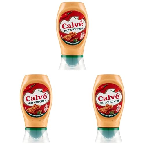Calvé Salsa Hot Chicken Piccante, Formato 250 ml, Delicata, con Cayenna e Peperoncino, Ideale per Bocconcini di Pollo e Spiedini, Vegetariano, Senza Glutine, Bottiglia 100% Riciclata (Confezione da 3)