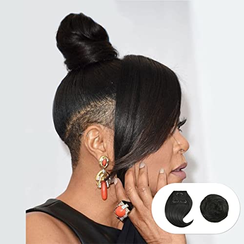 Instant Glitz Bang & Bun 2pcs, Bangs Hair Clip in Bangs Clip on Swoop Side Bangs Hair Bun Synthetic Chignon Bun Updo Ponytail Hair Piece for Women – Swoop Side Bang & Coffee Roll (1B)