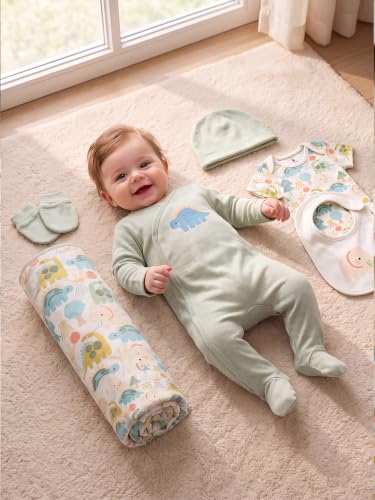 Image of 6 Pcs Clothing Gift Set with Box, 100% Cotton Soft & Breathable 6-Piece Layette Set with Bodysuit, Romper, Bib, Cap, Mittens & Swaddle, 0-12 Months, All-Season Wear