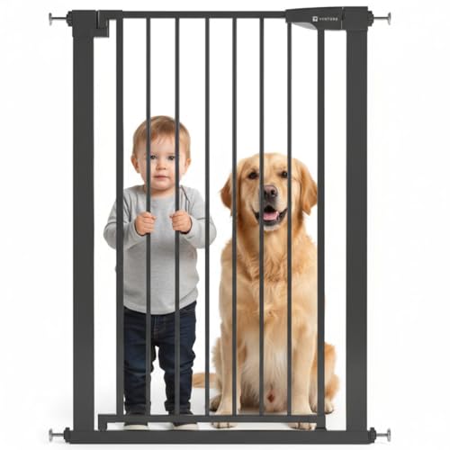 Venture Stair Gate - Q-Fix 110cm Extra Tall Baby Gate for Stairs & Doorways - 73-80cm Wide Indoor Dog Gate Pressure Fit with Auto-Close & 90 Two-Way Open - Black