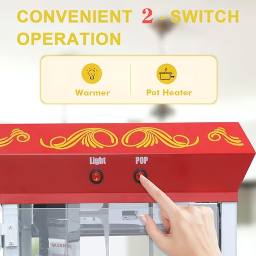 Image of Popcorn Machine with Cart & Wheels丨 Popcorn Maker Machine with 10OZ Stainless Steel Kettle丨 Popcorn Popper for Home, Theater, Parties, Red