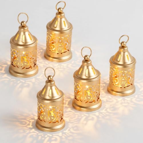 Image of Nutech Decor Hanging Metal Candle & Tealight Holder Lantern Set With LED Candle - Decorative Golden Vintage Lanterns for Home, Living Room, Dining Table, Balcony, Garden & Festival Gifting (Pack of 5)