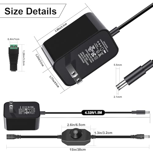 Image of 12V 3A Power Adapter with Dimmer Switch,12Volt 3Amp Power Supply-UL Listed | AC 100-240V to DC 12V 36W Low Voltage Transformers,Power Converter with 5.5mmx2.1mm DC Output Jack for LED Light LCD