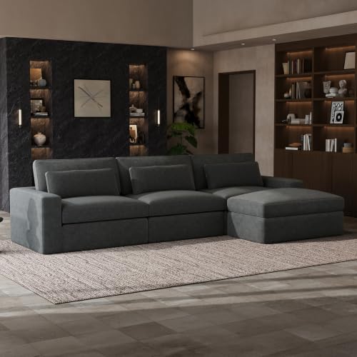 Image of Novilla 140 inch Deep Seat Modular Sectional Sofa, Removable Washable Covers, L Shape Cloud Couch with Lumbar Pillows, Chenille Boneless Sectional Couch Dark Gray, No Assembly Required