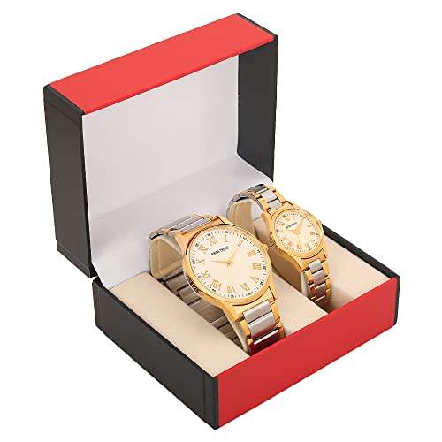 Image of Swiss Trend Analogue Men & Women's Watch (White Dial Silver & Gold Colored Strap) (Pack of 2)