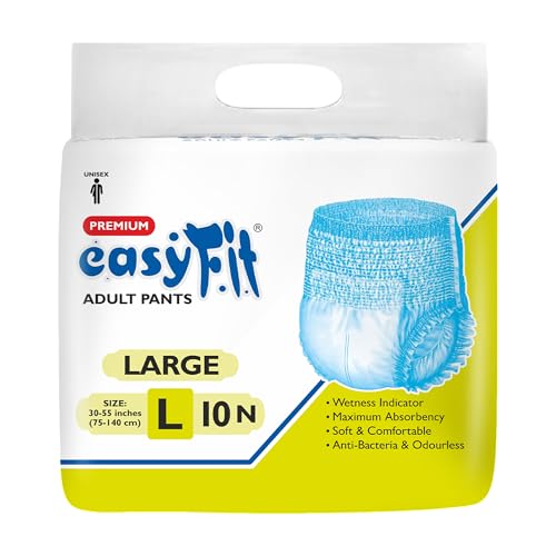 Image of Easyfit Adult Diaper Pants | 10 Count (Large) | Waist 30-55 inch (75-140 cm) | Unisex | Leak Proof | Wetness Indicator | Overnight Protection | Elastic Waist | Anti-Bacterial Absorbent Core