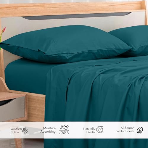 Image of Royale Linens 300 Thread Count 100% Long Staple Combed Cotton Flat Sheet - Super Soft - Top Sheets - Full Flat Sheet Sold Separately - Breathable, Cool & Crisp Percale Sheets Only (Full, Teal)