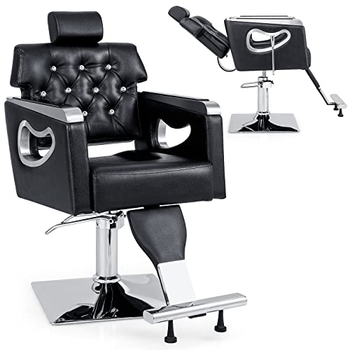 GOPLUS Fauteuil de Barbier, Chaise à Coiffure Inclinable avec Pompe Hydraulique, Hauteur et Dossier & Appuie-tête Réglables, Rotation à 360°, pour Maquillage &...