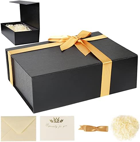 Gift Box with Lid black magnetic close Decorative Boxes for Christmas Thanksgiving Birthday Wedding Bridesmaid with Gift Card, Envelope, Ribbon, Shredded Paper Filler (11"X 8.07"X 4.13" 1 Pcs)