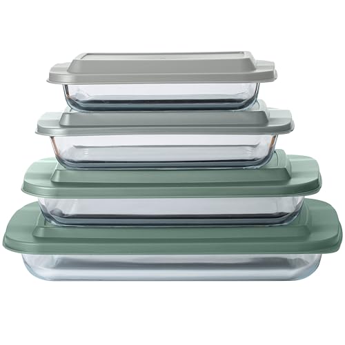 Colorful 8-Piece Glass Baking Dish Set with Lids – Deep Casserole & Food Storage, Safe for Oven, Freezer, & Microwave, Clear, Sage