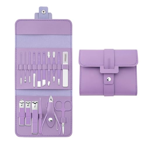Cortaúñas de 16 Piezas para el hogar, Kit de manicura de Acero Inoxidable, Set de manicura portátil de Viaje, Kit de manicura imprescindible para la tecnología de uñas (Morado)