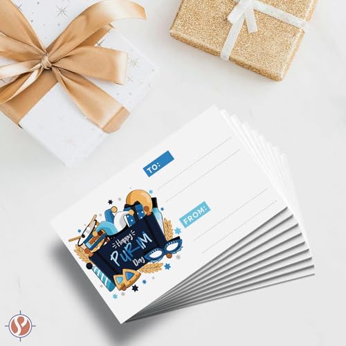 Image of Happy Purim Blank Gift Tags, 3.5 inch x 2 inch To From Jewish Holiday Religious Complimentary Greeting Note Cards for Gifts and Presents Wrapping - Business Card Size, Thick and Durable - 25 per Pack (Blue)