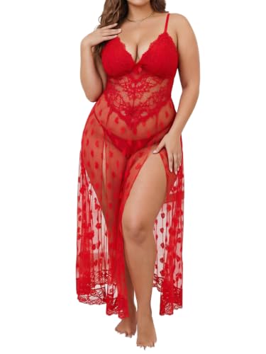 Image of Alrovetoney Plus Size Lingerie For Women Babydoll Sexy Mesh Maxi Nightdress Exotic Sleepwear Side Slits