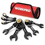 WORKPRO 8-Piece Stubby Anti-slip Ratcheting Combination Wrench Set, SAE 5/16-3/4 in, 72-Teeth, CRV, Black Electrophoretic Coating, Flex-Head Wrench Set with Rolling Pouch