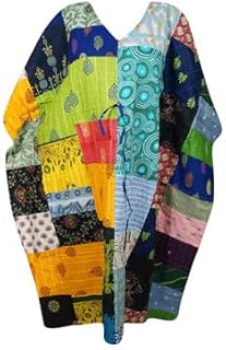Mogul Interior Patchwork Kaftan Maxi Dress, Cotton Boho Printed Beach Maxi Dresses L-3X Multicolor