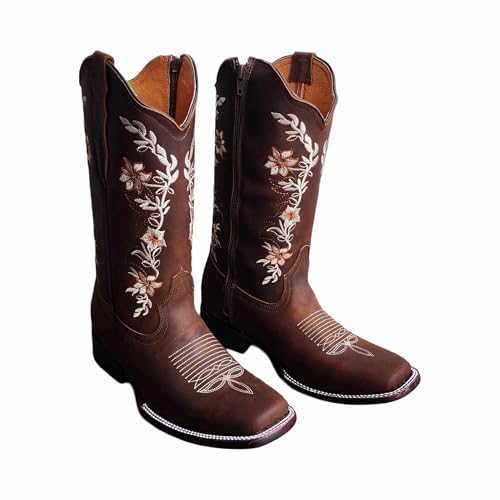 Dona Michi WOMENS COWGIRL Square toe leather Flower embroidered Design with zipper Botas para Mujer con Zierre - Main Image