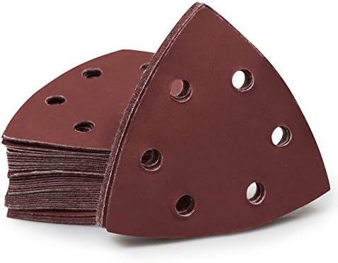 SPEEDWOX 50 Pcs Triangle Sanding Pads Hook and Loop 40 Grit Oscillating Sanding Pad 90mm 6 Holes Fit 3-1/2 Inches Oscillating Multi Tool Detail Sander Sandpaper Triangle Sanding Discs Sanding Tool