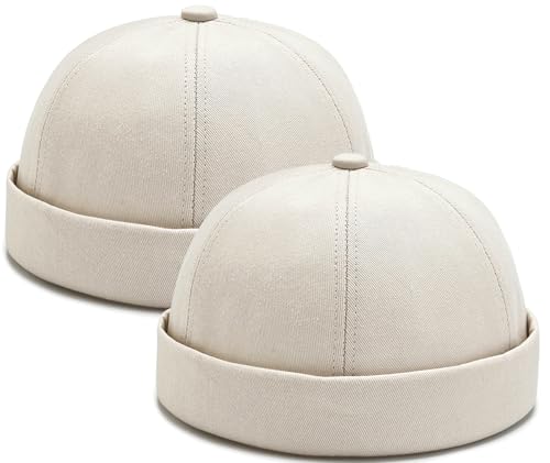 2 Pcs Mens Beige Brimless Docker Cap Skull Cap Worker Sailor Cap Rolled Cuff Retro Beanie