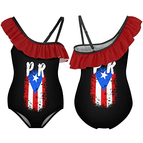 Puerto Rico PR Flag Girls' One Piece Swimsuit 3D Printed Ruffle Swimwear Floral Bathing Suit3