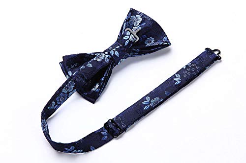 HISDERN Blue Paisley Pre-tied Bow Tie and Pocket Square Set #TOP19