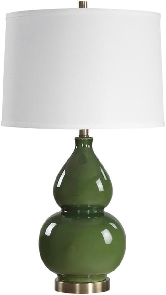 BOWERY HILL Contemporary Ceramic Table Lamp, 26" H x 15" W x 15" D, Dark Green Glaze and Antique Brass Accents, White Linen Shade, Stylish Gourd-Shaped Design for Living Room or Bedroom