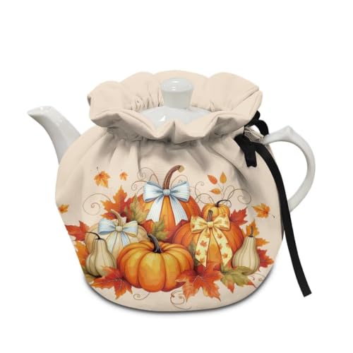 Image of Fall Tea Cozy Insulated Kitchen Kettle Cover Pumpkin Bow Tea Pot Dust Covers for Keeping Warm Home Kitchen Decor for Party Gift for Thanksgiving