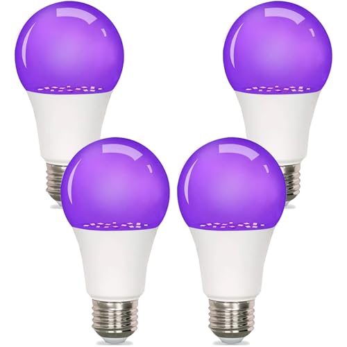 GODUORA 4 Pack A19 Black Light Bulb 9W, UV Blacklight Bulb Replace 100W, UVA 385-400nm, E26 Base 120V, Party Halloween Glow Decor, LED Blacklights Bulbs Non-Dimmable