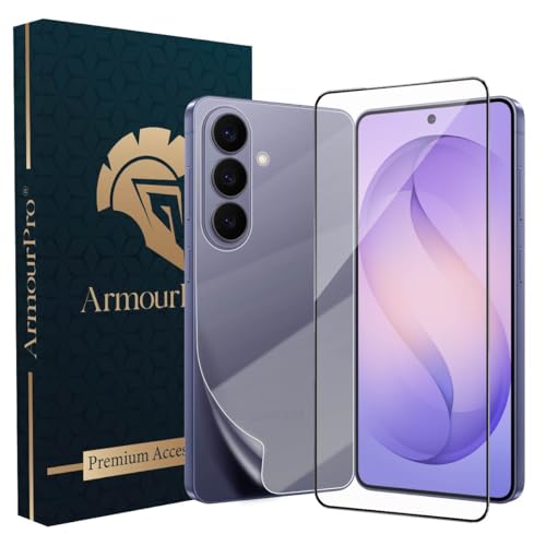 Image of ArmourPro Tempered Glass for Samsung Galaxy S26 with Back Clear Membrane Guard, Edge to Edge Screen Protector, Anti-Bubble, Anti-Fingerprint, Oil Resistant, Installation Kit | Black