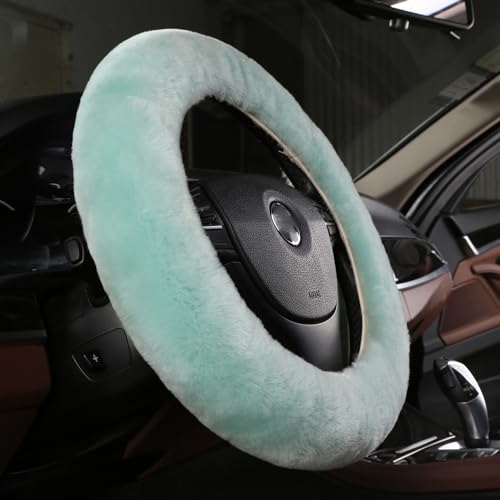 MLOVESIE Fluffy Wool Car Steering Wheel Cover Genuine Sheepskin Steering Wheels Interior Accessories for Women Anti-Slip Universal for 15 inch (Mint Geen)