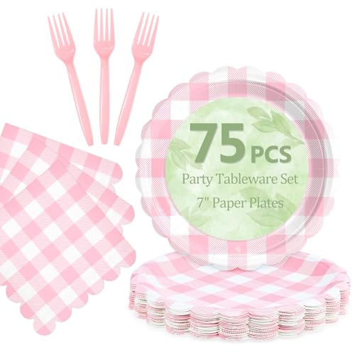 Image of Mulbozy 75 Cute Pink Gingham Paper Plates and Napkins for Party, 25-7 inch