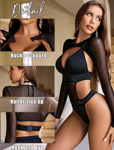 Avidlove Rave Outfits für Damen Sexy Body Dessous Bodysuit Schnalle Achselzucken Bauchfreies Top Set Schwarz S
