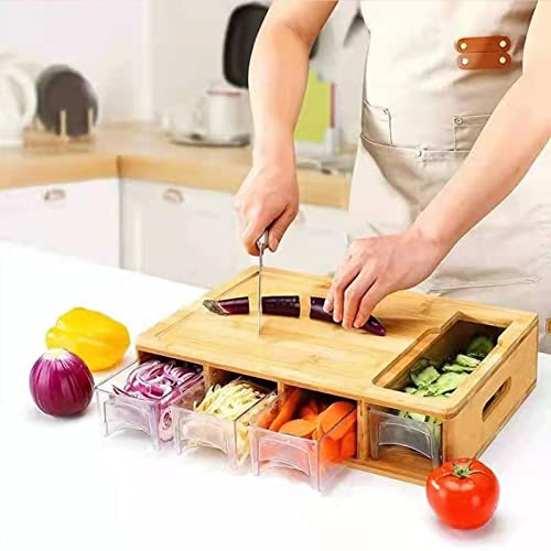 Bamboo Cutting Board With Containers, Grater Storage Drawer Containers, Multi-Functional Cutting Board With Groove/Handle/Food Sliding Opening, Cutting Board Kitchen Food Storage #TOP1