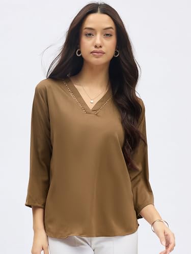 Image of SheWill Printed Top with Contrast Tipping - Stylish Ethnic & Western Tops for Women - Summer Travel Wear, Trendy Tops for Jeans, Lightweight & Comfortable Casual Wear