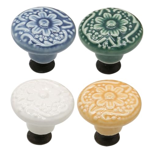 KESYOO 4個 エレガントセラミック引き出しノブ 浮彫模様 滑らか表面 小型キャビネットプルハンドル 家具扉 キッチン クローゼット用装飾取