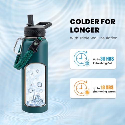 Image of RAYMYLO Insulated Water Bottle 40 oz, Triple Wall Vacuum Stainless Steel (Cold for 36Hrs, Hot for 18Hrs), Leak Proof & Non-BPA, Modern Water Flask Jug with Paracord Handle & Straw Spout Lids