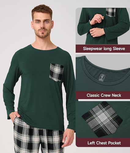 BAMBOO COOL Mens Plaid Pajamas Set Soft Sleepwear Long Sleeve Shirts and Woven Pants Lightweight Loungewear Pjs with Pockets3
