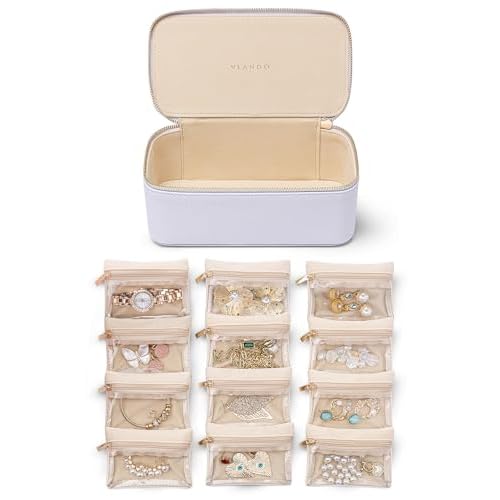 Vlando Jewelry Box with 12 Velvet Jewelry Bags Travel Jewelry Case for Girls Jewelry Organizers Necklace Rings Earrings Storage Bags Christmas Gifts B